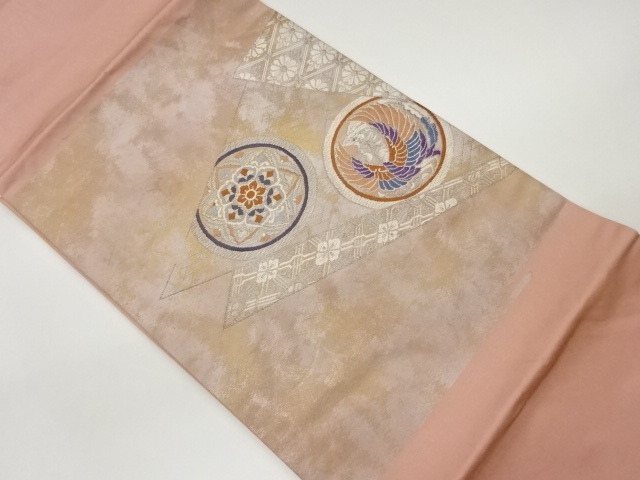 丸文に鳳凰・華文・古典柄模様織出し名古屋帯